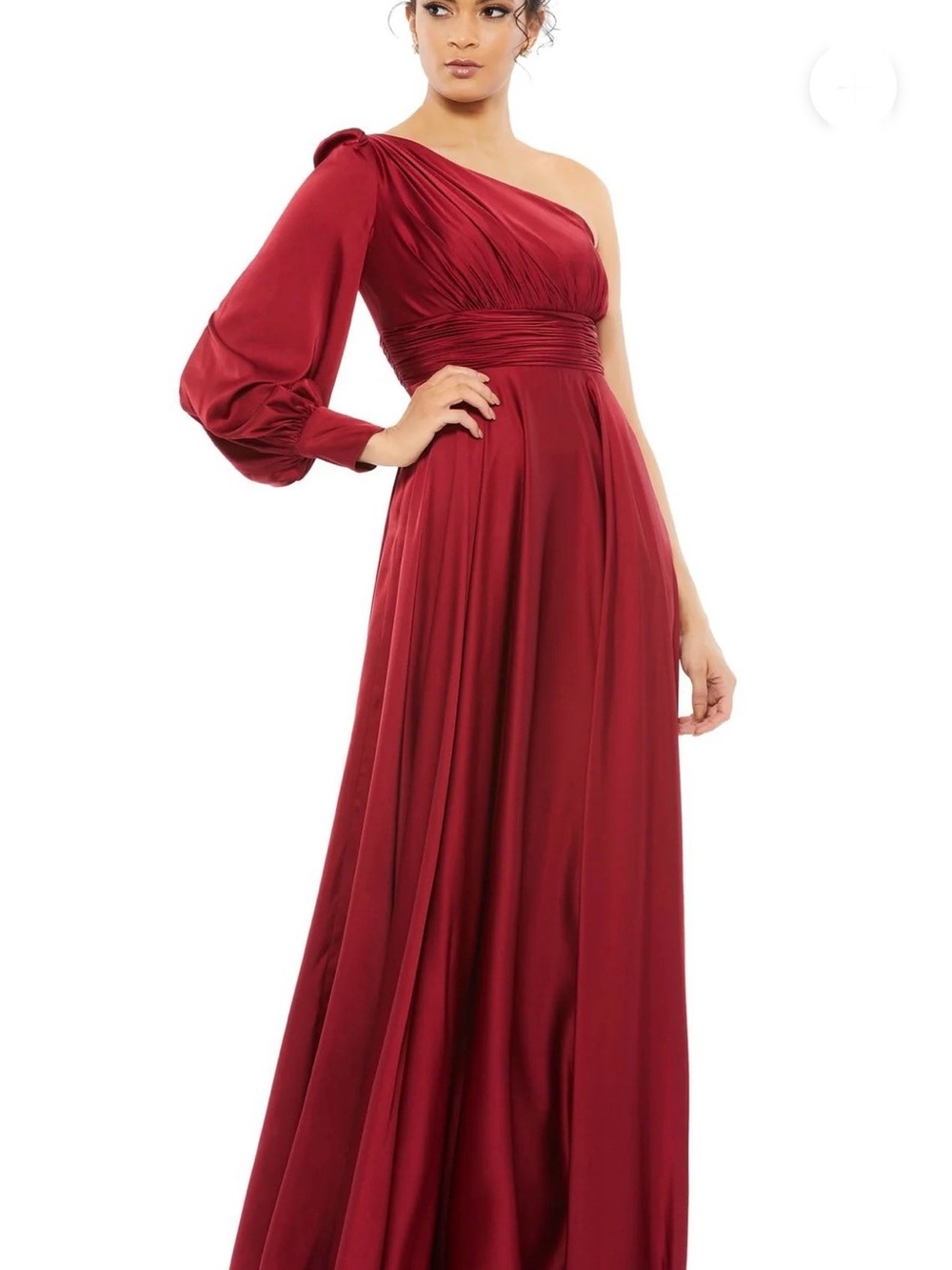 Mac Duggal One-Shoulder Wine Red Satin Evening Gown